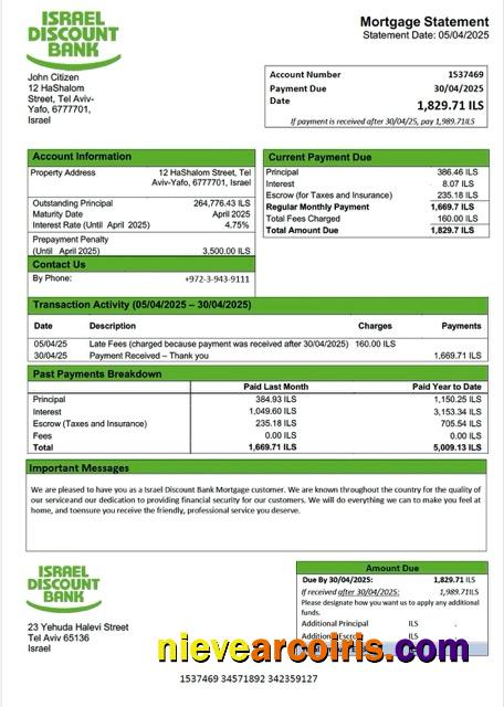 Israel Discount Bank mortgage statement Word and PDF template
